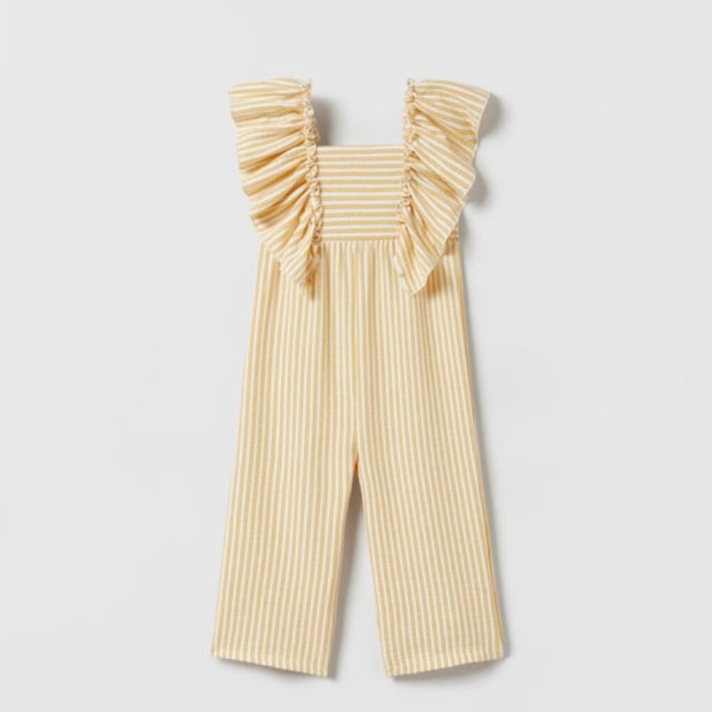 Zara Yellow Stripe Ruffle Sleeve Jumpsuit